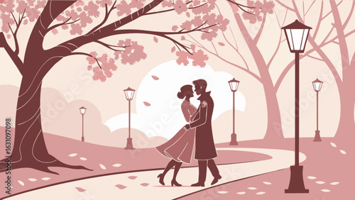 Romantic couple dancing in park under cherry blossom trees with street lights vector illustration design