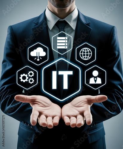 Businessman presenting it services and technology concepts with icons