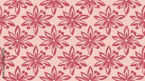 Seamless pattern of stylized pink floral motifs with berry accents on a light pink background