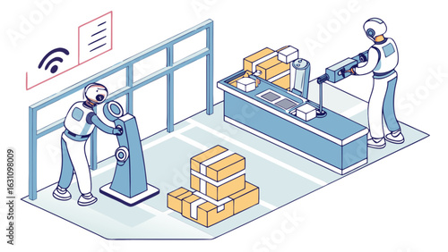 Automation robots working factory assembly line packaging and shipping logistics manufacturing process illustration