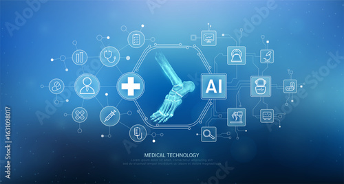 Human ankle joint translucent with medical network icons on blue background. Artificial intelligence (AI) in health care technology. Innovation in digital health smart medical diagnostics. Vector.