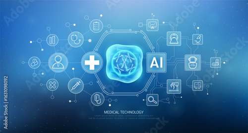 Human DNA nucleus cell translucent with medical network icons. Artificial intelligence in health care technology. Innovation in digital health smart medical diagnostics. Vector.