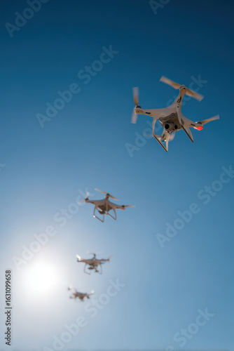 swarm of drones accompanies column of refugees ensuring safety and peace in their journey