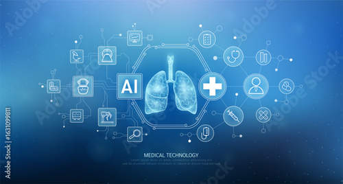 Human lung translucent with medical network icons on blue background. Artificial intelligence (AI) in health care technology. Innovation in digital health smart medical diagnostics. Vector.
