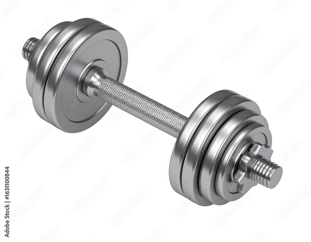 Fototapeta premium Metallic dumbbell with adjustable weights ready for strength training and muscle building exercises.