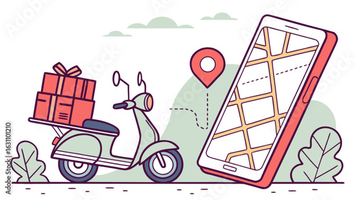 Online delivery service with scooter and mobile app for tracking order and fast package shipment concept
