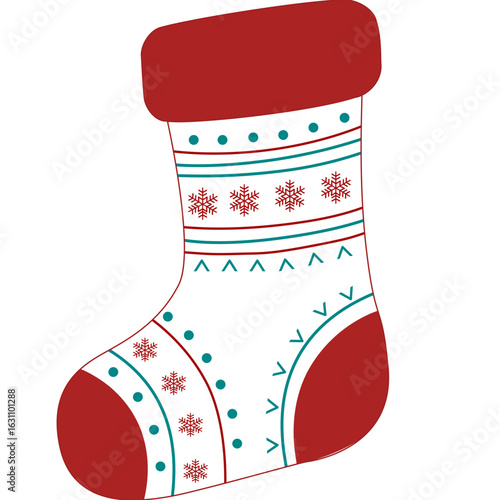 Red and teal Christmas stocking with festive Nordic pattern.