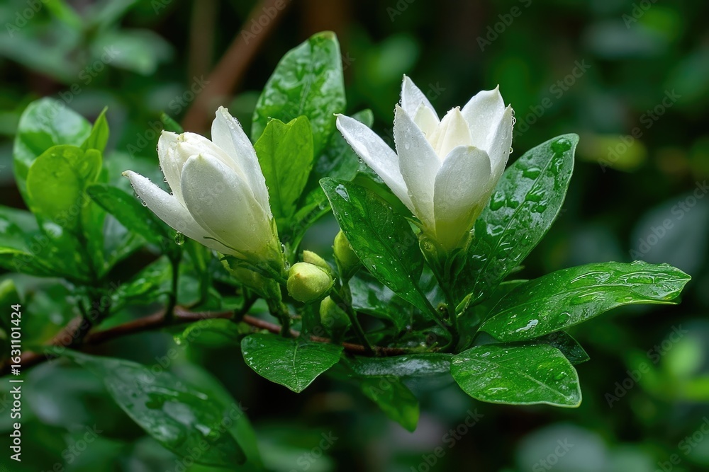 Fototapeta premium Two delicate white flowers, fresh green leaves, and water droplets