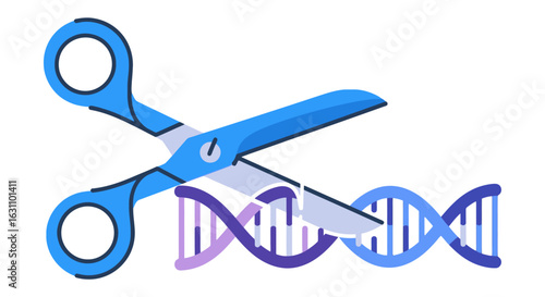 Gene Editing Illustration Featuring Scissors Cutting DNA Strands for Biotechnology and Genetic Research Applications in Science and Healthcare