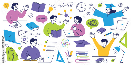Flat cartoon vector set of students and pupils studying, raising hands, graduating, doing homework. Collection of books, stationery doodles, math formulas, question. Education and school visuals