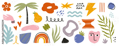 Abstract shape vector graphic set. Abstract graphic design flower, face, blob shape for modern poster, summer sticker icon element pack. Crayon texture scribble modern background. Vector illustration