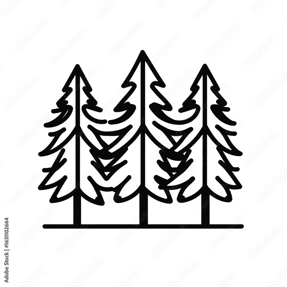 Fototapeta premium Three outlined evergreen trees in a row on a transparent background isolated