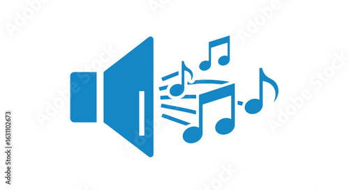 Blue Speaker Icon with Musical Notes Conveying Audio Playback and Volume Control, Ideal for App Interfaces and Sound Design Projects.