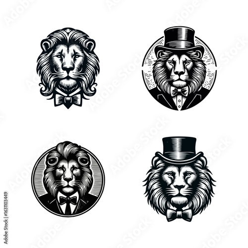 Lion Portrait Set in Vintage Style Vector Illustration