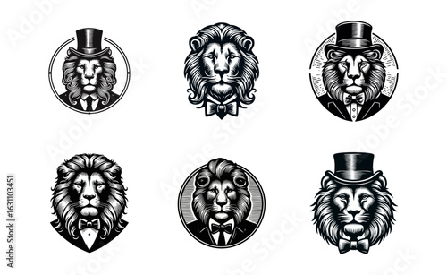 Lion Portrait Set Wearing Bow Ties and Top Hats