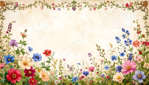 Ornate floral frame, vintage paper texture, colorful wildflowers fill bottom