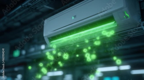 Modern Air Conditioner Displaying Glowing Green Air Purification Technology