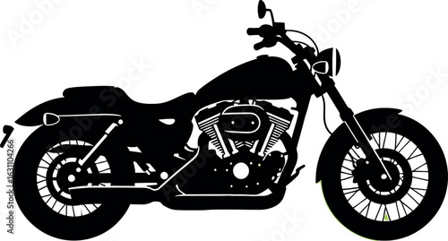 Black Silhouette of a Classic Cruiser Motorcycle with Spoked Wheels.