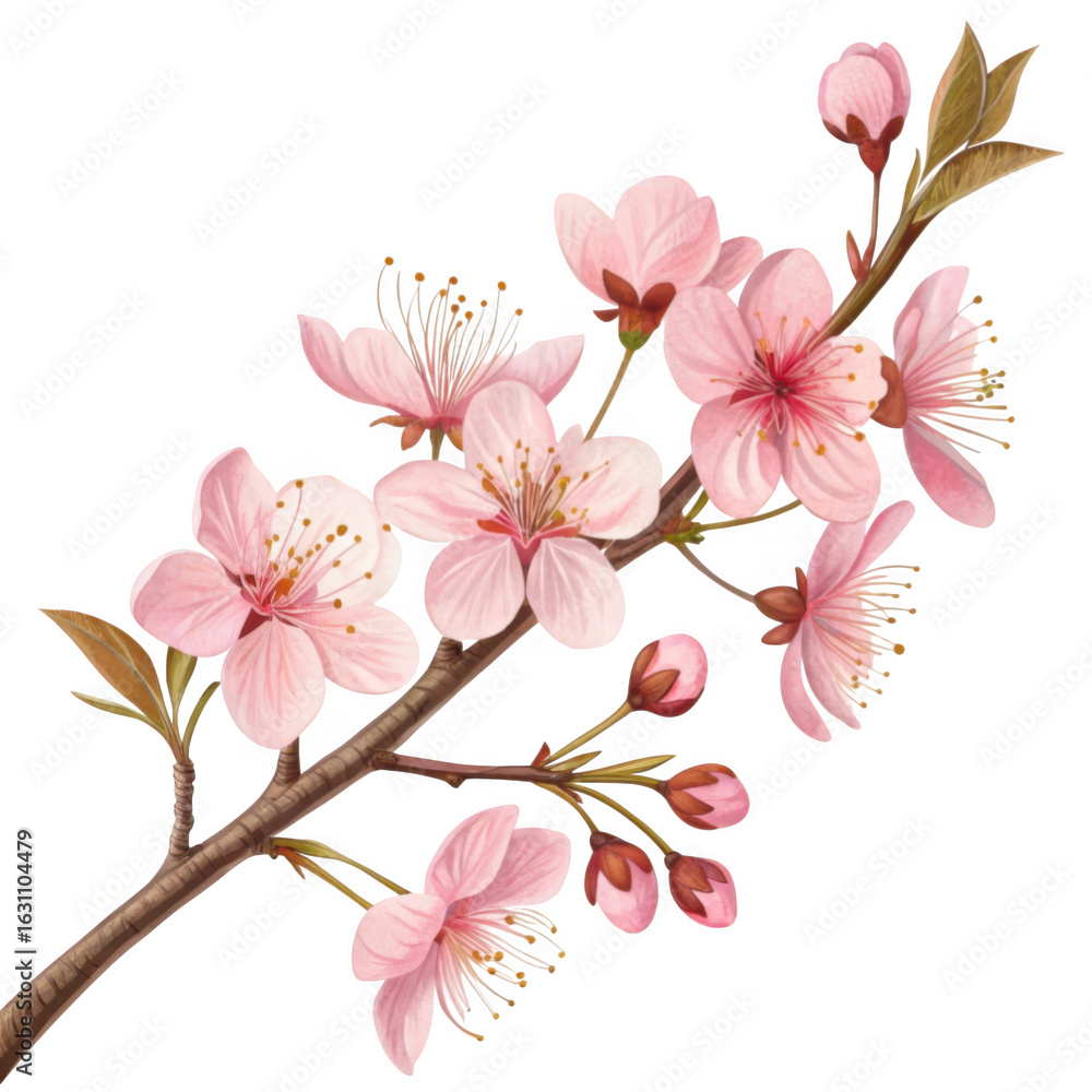 Obraz premium Delicate pink cherry blossom branch with buds and leaves in watercolor style isolated on transparent background