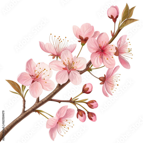 Fototapeta Naklejka Na Ścianę i Meble -  Delicate pink cherry blossom branch with buds and leaves in watercolor style isolated on transparent background