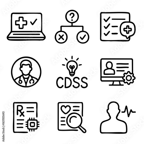 A set of doodle line icons CDSS clinical decision support system, patient data, prescriptions, diagnostics, and healthcare tools