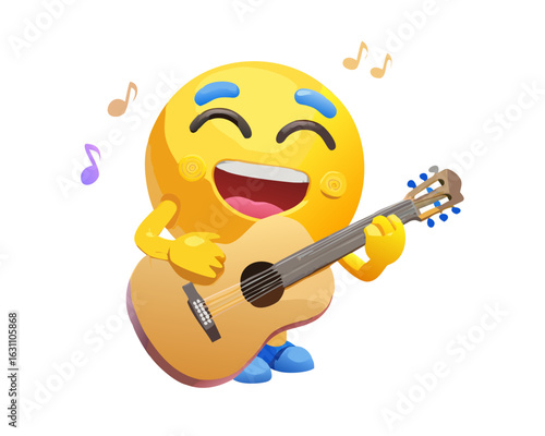 A cheerful 3D yellow emoji delightfully playing an acoustic guitar isolated on transparency PNG background, depicting joy and musical passion, perfect for promoting music events, social media posts 