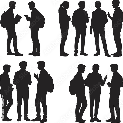 Silhouette of students talking and studying, group of teens communicating, school discussion, black figures, flat vector illustration design