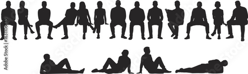 Silhouette people sitting and lying down, various human poses, casual posture illustration, flat vector artwork, diverse group scene, black art