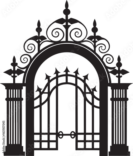 Ornate black wrought iron gate with decorative arch isolated on white background