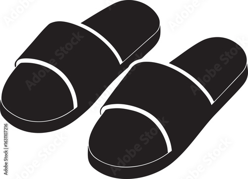 Pair of black open toe slippers isolated on white background