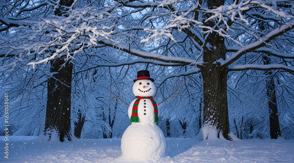 Obraz premium Cheerful snowman with black hat and striped scarf standing in a snowy forest at dusk. Perfect for Christmas themes, winter backgrounds, seasonal greeting cards, and festive holiday designs.