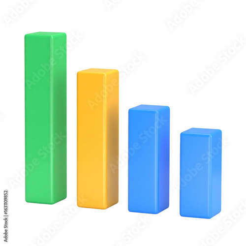 A 3D chart shows decreasing values, with green to blue columns on a black background