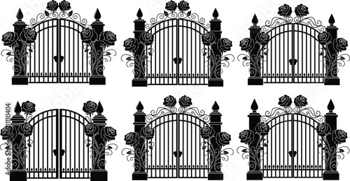 Romantic wrought iron rose gates with heart lock design, floral decorative entrance set, vintage vector illustrations, black silhouette fence elements