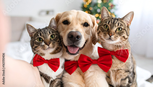Christmas Pets Selfie Dog with Cats.