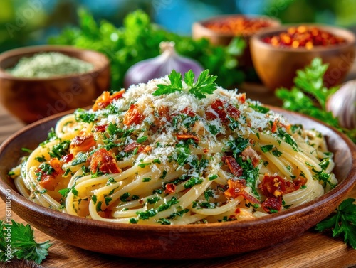 Pasta dish with bacon, herbs, and cheese