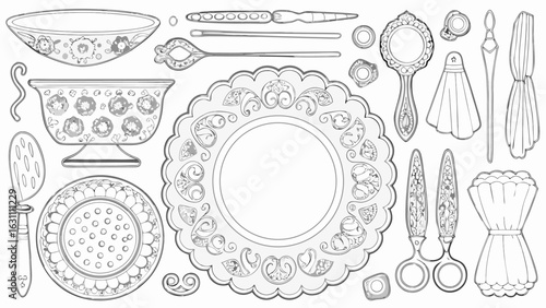 Illustration of vintage tableware and accessories including bowls plates and sewing implements displayed silhouette