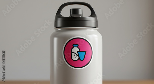 A modern reusable white water bottle with a pink sticker showing a milk and cup icon. Product mockup for custom branding and design.
