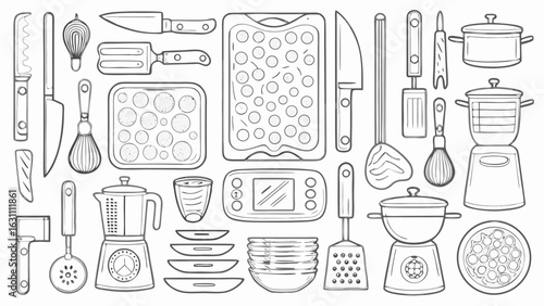 Illustration of various kitchen utensils including knives pots pans whisks and baking trays in black outline silhouette