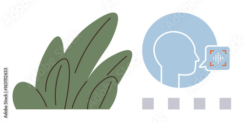 Outlined profile face speaking with sound waves in recognition interface next to abstract plant leaves. Ideal for voice interaction, communication, technology, AI, human-nature balance, innovation