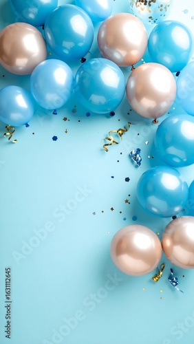 Pastel balloons and confetti on light blue background