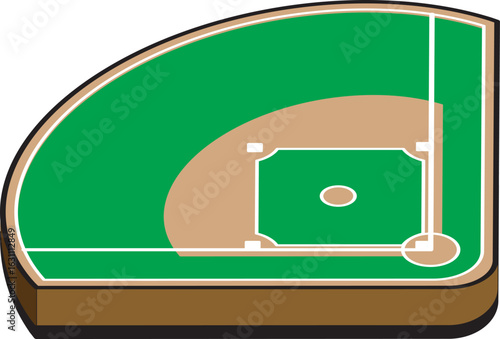 Isometric vector of a baseball field with green outfield and brown infield, ideal for sports illustrations, game strategy visuals, athletic infographics, stadium maps, and baseball-related graphics.