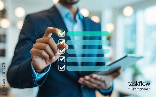 Businessman using digital tablet, checking tasks on holographic interface, modern office background, productivity concept.
