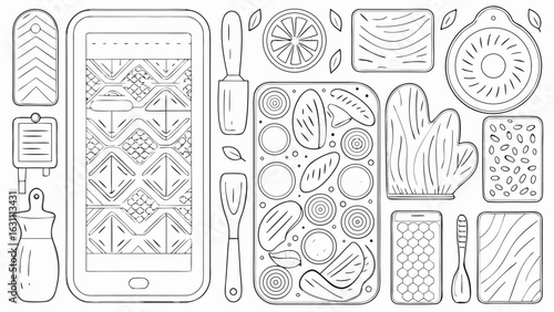 Line art illustration featuring kitchen utensils cooking ingredients and smartphone displaying pattern silhouette