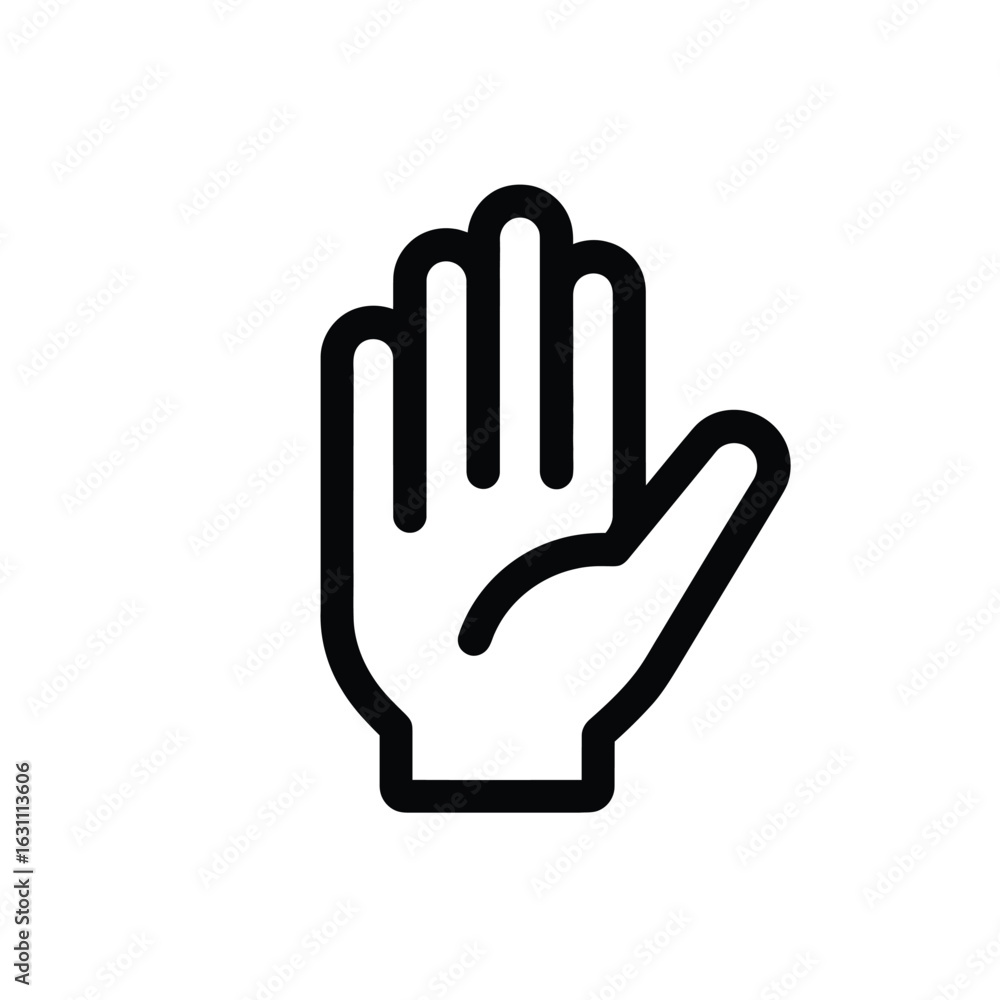 Raised Palm Open Hand Outlined Design on White, Stop Gesture Black Symbol Raised Palm Open Hand Outlined Design on White, Stop Gesture Black Symbol