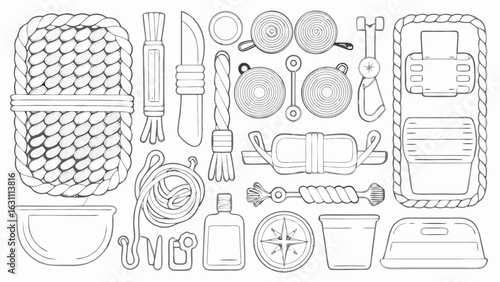 Illustration of various nautical themed items including ropes knots compass and other marine equipment silhouette