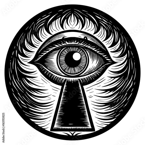 An allseeing eye with a keyhole in the center, a symbol of mystery