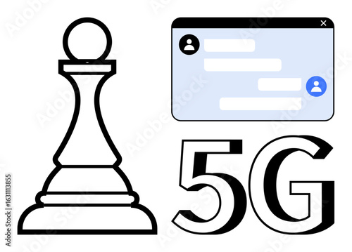 Chess pawn, 5G typography, chat window emphasizing strategy, innovation, technology, and digital communication. Ideal for technology, communication, strategy connectivity innovation mobile simple