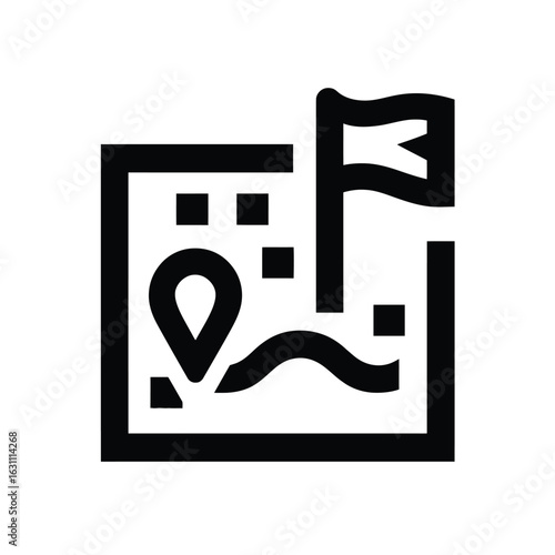 Simple Black and White Icon of Map, Location Pin, Flag, and Landmarks