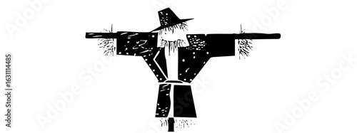 Vector Black silhouette of a rustic figure stands in a field.