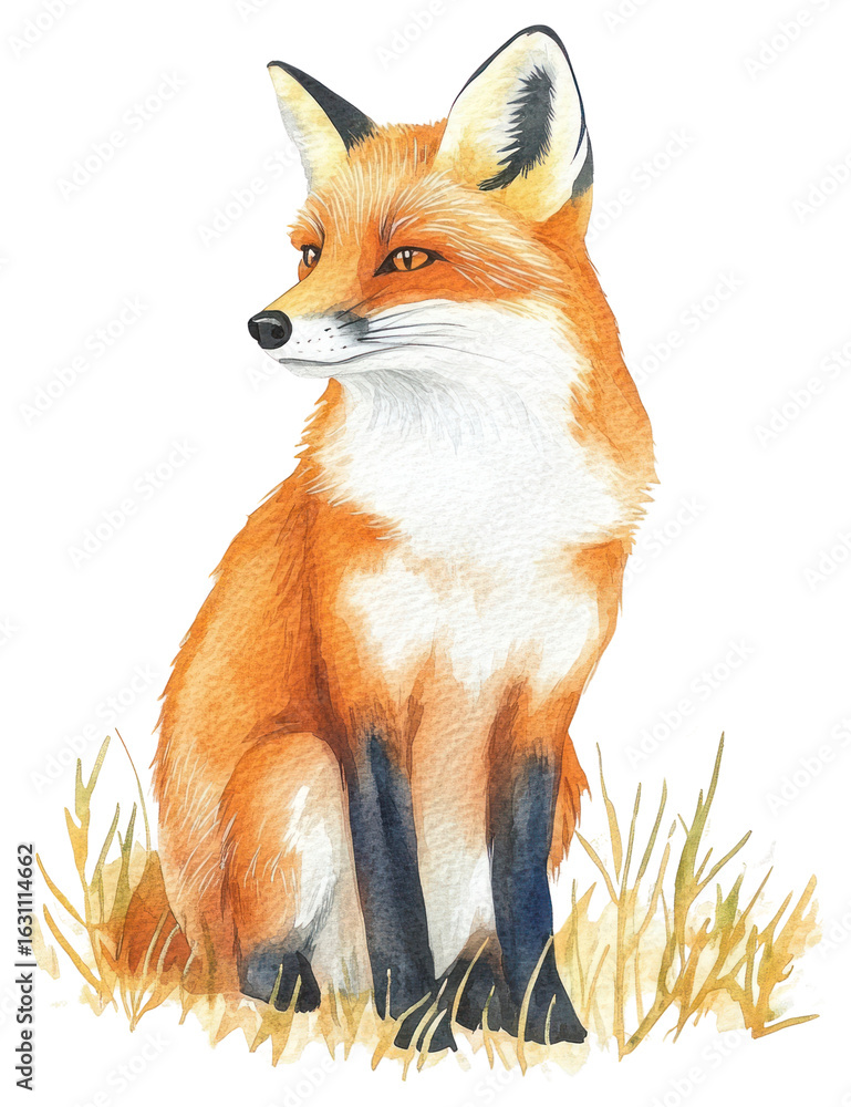 Obraz premium PNG Fox sitting illustration watercolor wildlife.